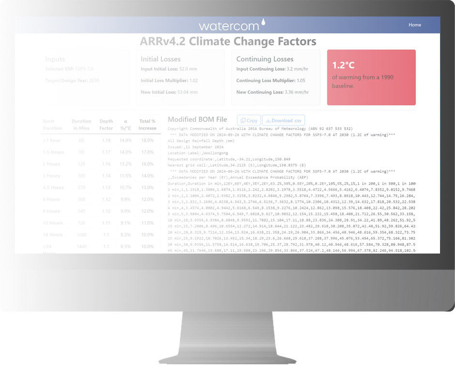 Screenshot of the new Watercom Climate Change Rainfall Modifier