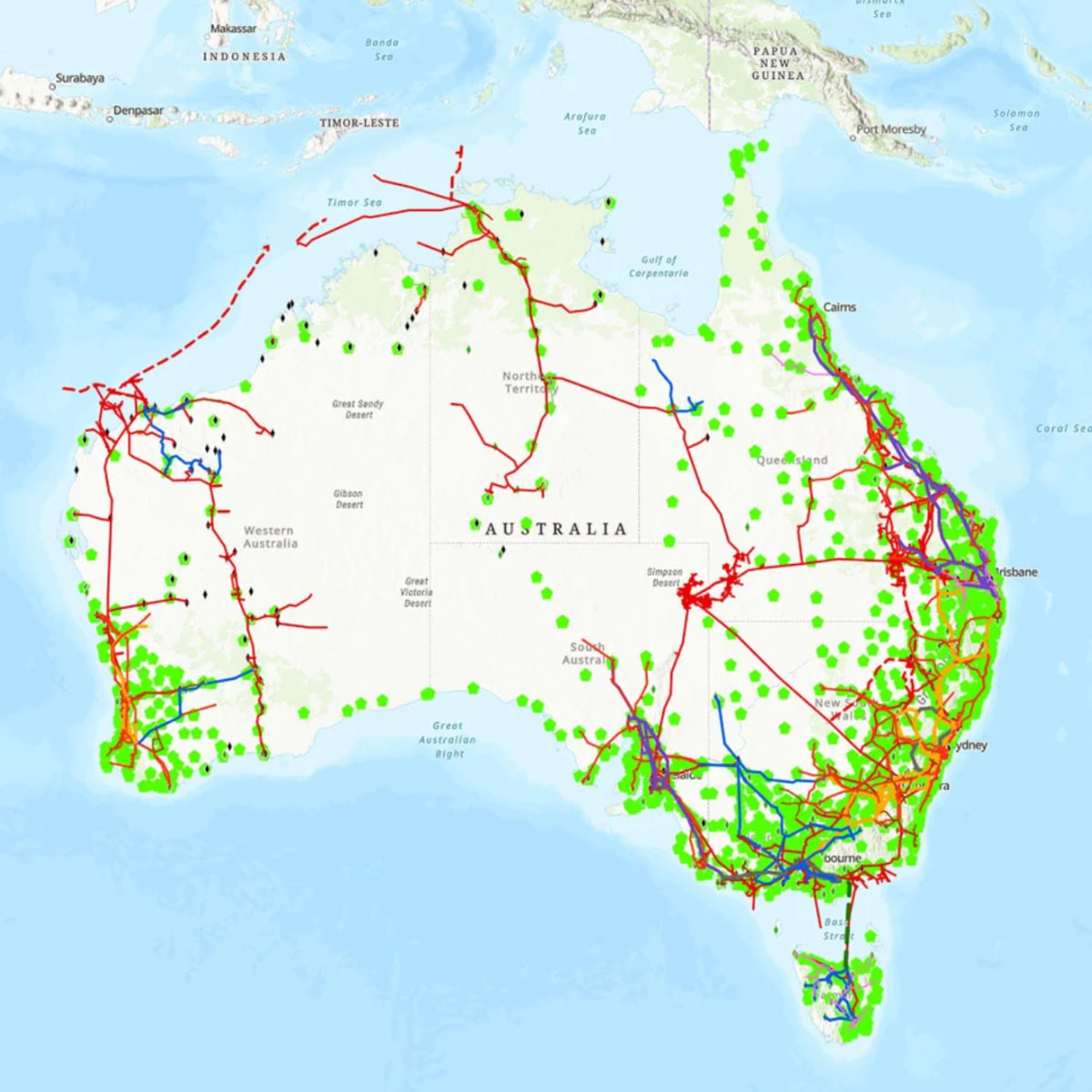 Image of Australia overlaid with data from the National Roads dataset (Digital Atlas of Australia)
