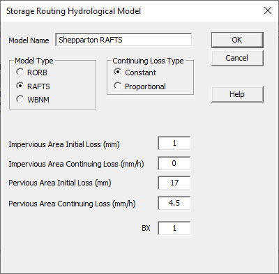 Screenshot of Storage Routing Hydrological Model window