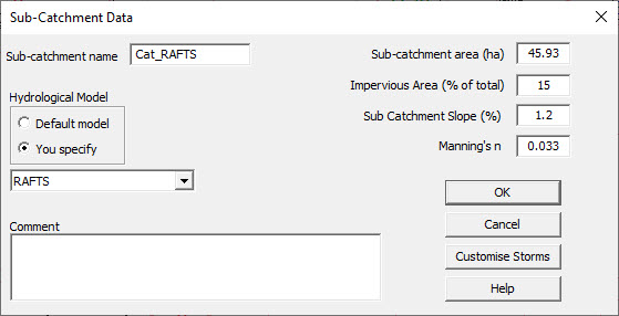 Screenshot of Sub-Catchment Data window