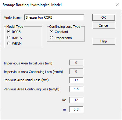 Screenshot of Storage Routing Hydrological Model window