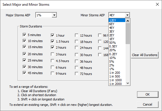 Screenshot of Select Major and Minor Storms window in DRAINS software